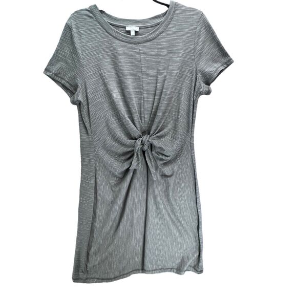 T By Talbots Tie Front T Shirt Dress L Gray Alamedia Stripe Stretch Feminine NEW - Picture 2 of 11
